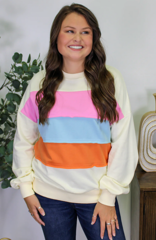 Cream Striped Colorblock Sweatshirt