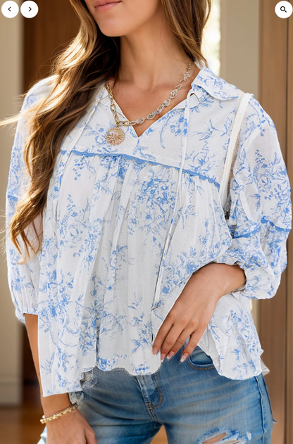 Lyra Printed Tie Neck Three-Quarter Sleeve Blouse
